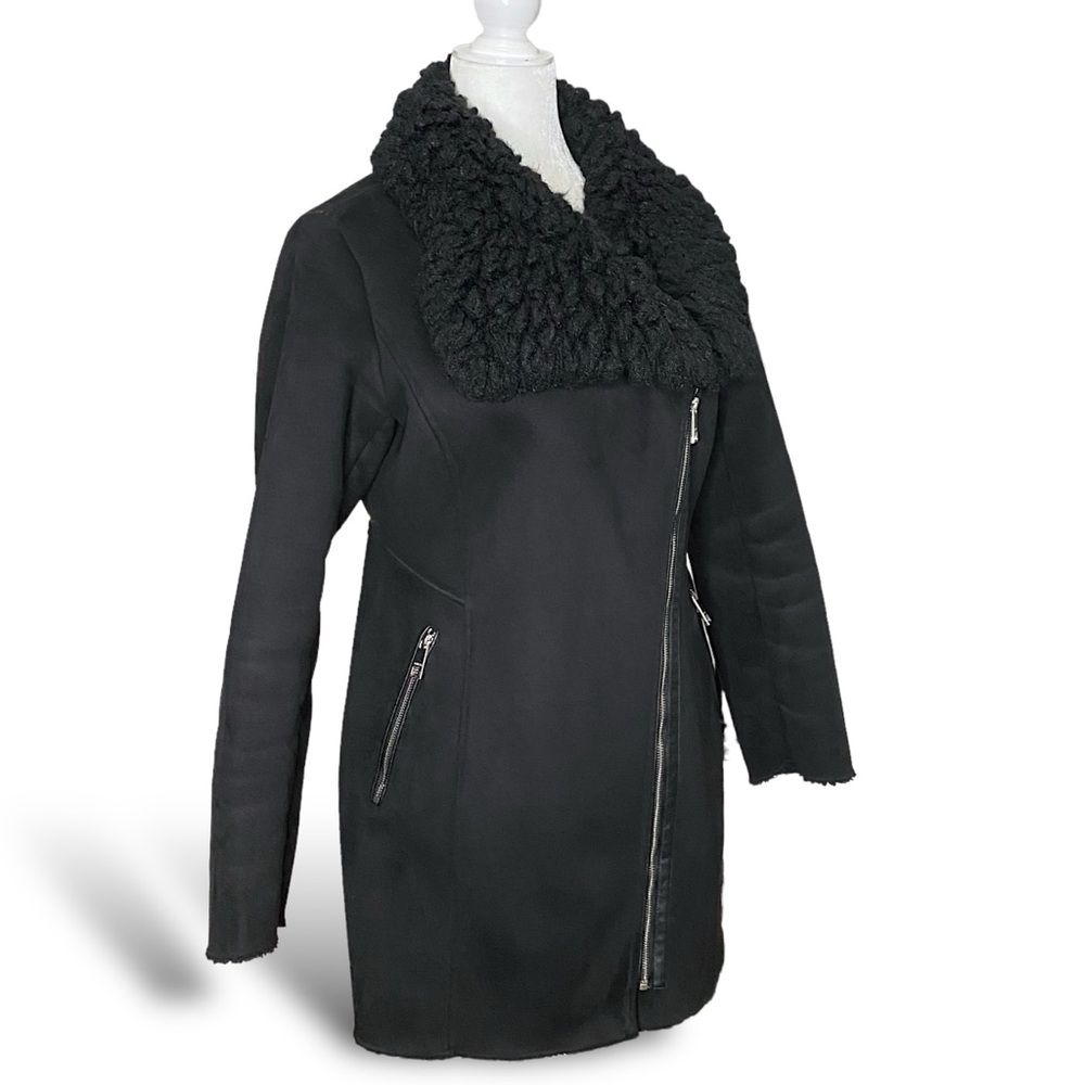 GUESS Black Faux Suede Shearling Fur Moto Long Shawl Collar Coat Sz S
